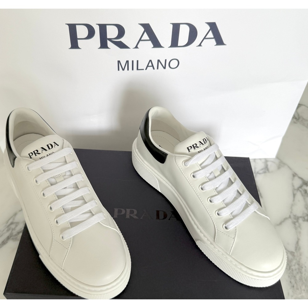 Prada 1E621M Womens Macro Logo White/Black Leather Low Top Sneakers shoes Eur 39 - Picture 6 of 11
